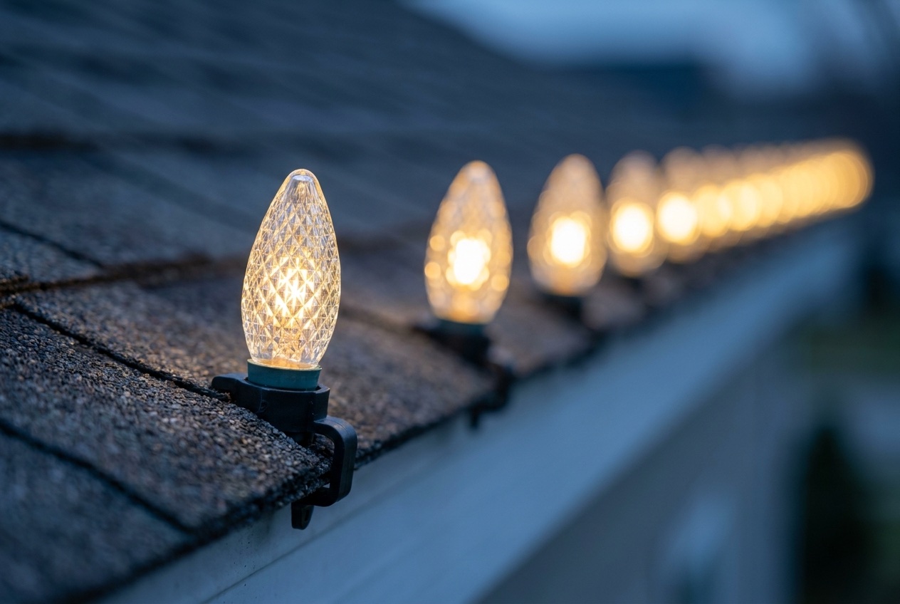 Warm-white C9 bulbs clipped evenly along the edge of a Charlotte roofline, close up at dusk