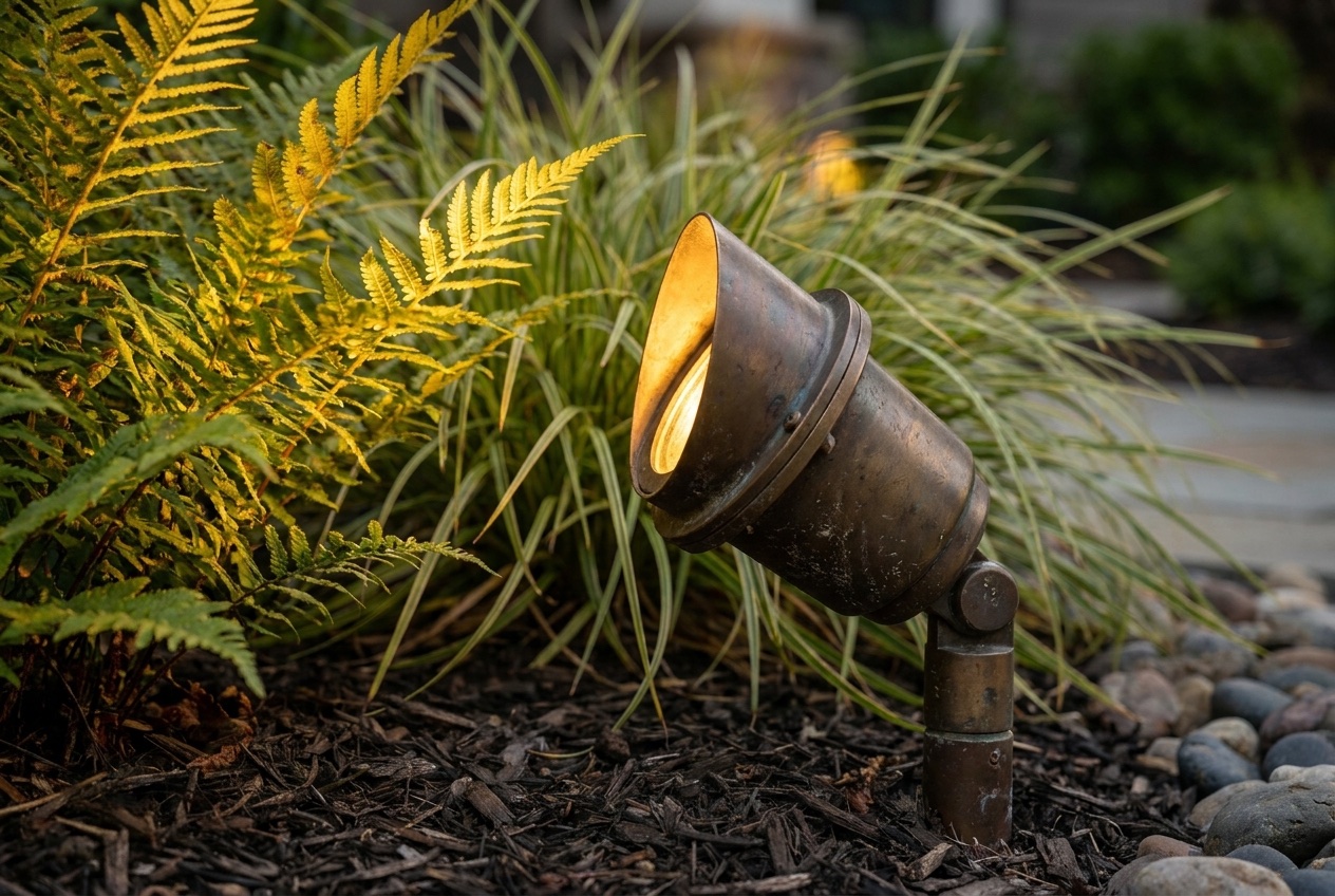 Close-up of a solid-brass uplight fixture nestled in a garden bed, warm beam grazing the brick above