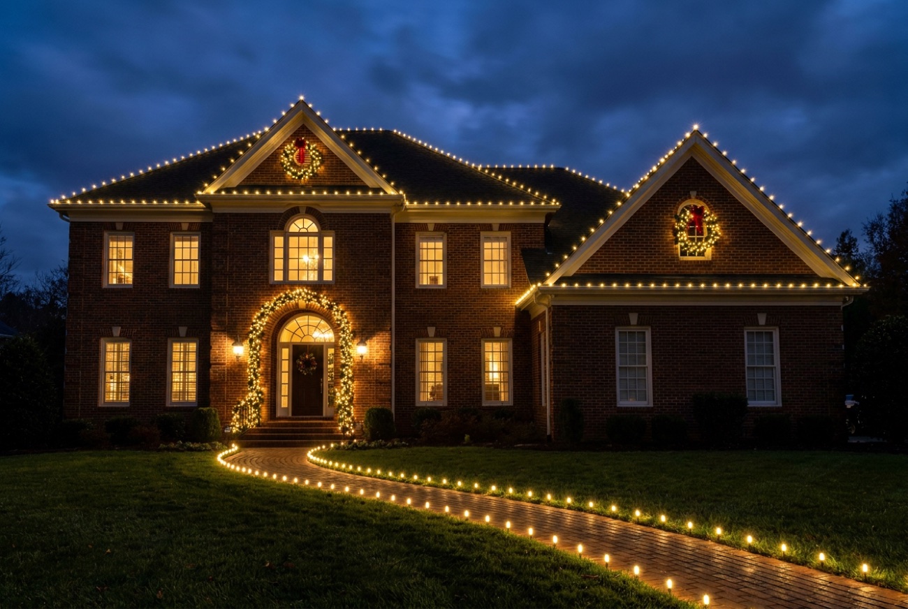 A stately Charlotte brick Georgian with a warm-white roofline, lit garland on the arched entrance, and wreaths on the peaks