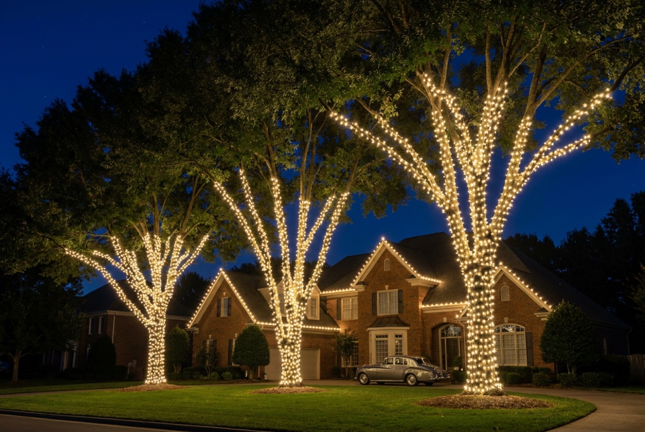 Three mature Charlotte front-yard trees wrapped trunk-to-limb in warm-white lights with a lit home behind