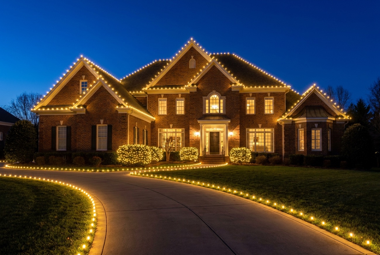 A Charlotte brick estate with a warm-white roofline and a long lit walkway and curving driveway