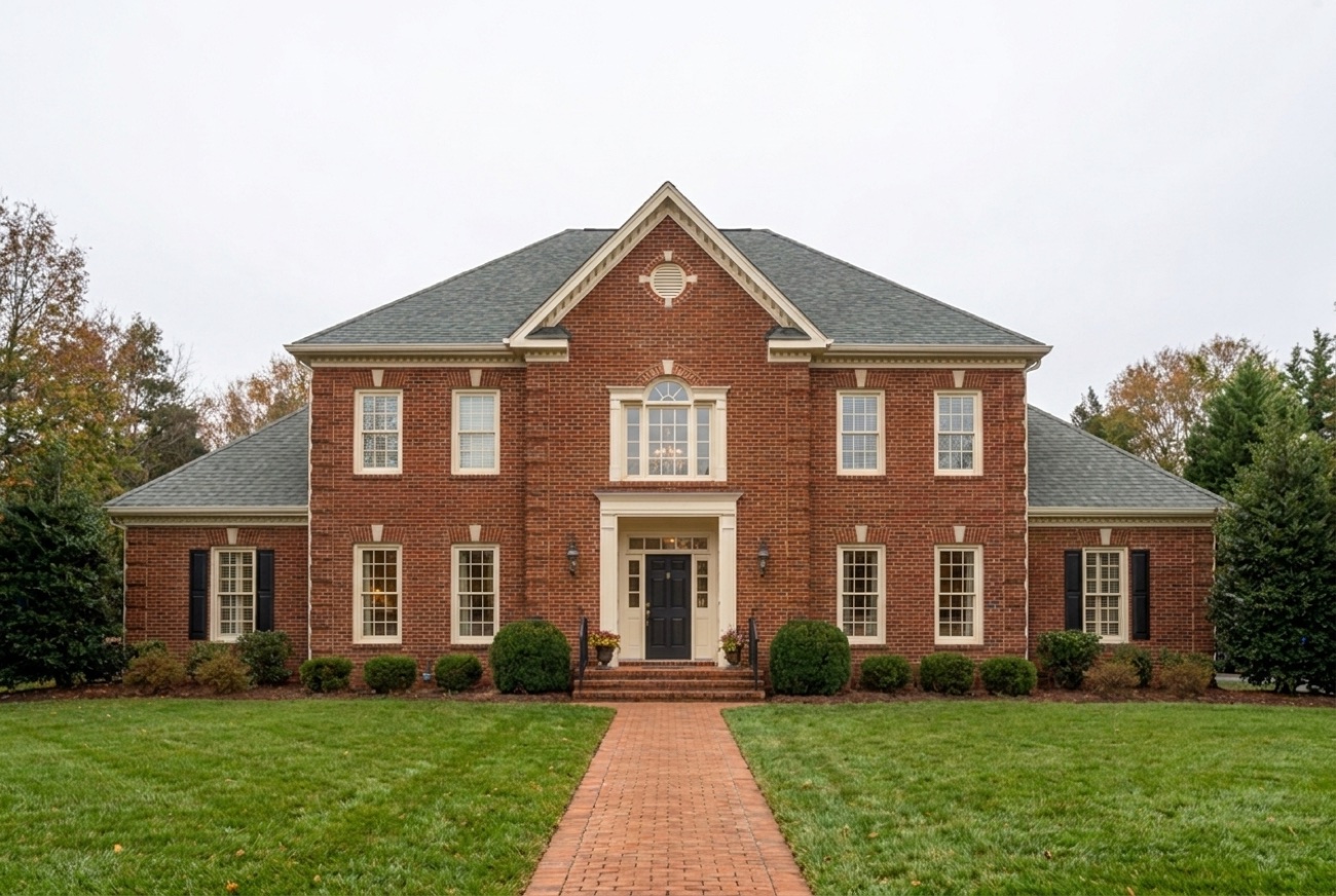 A symmetrical Charlotte brick colonial in daylight, before lighting
