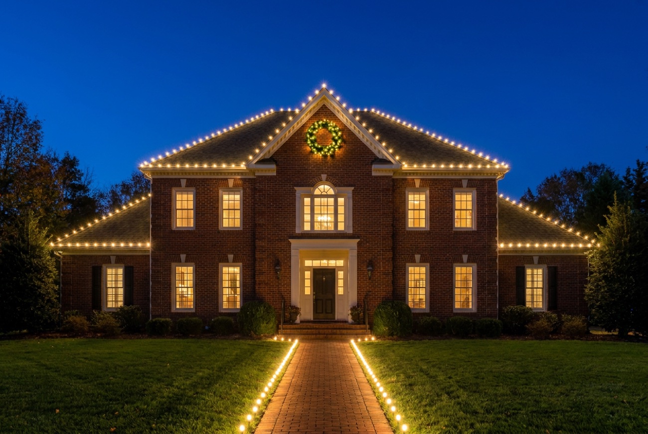 The same colonial at night with a full warm-white roofline display, a lit wreath, and a lined walkway