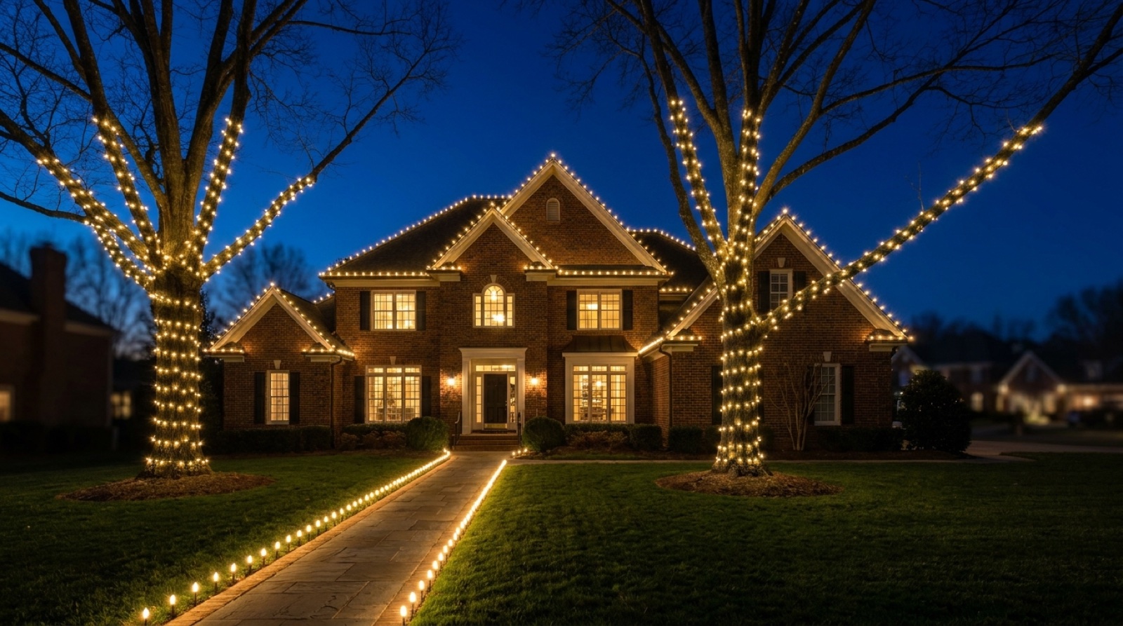 A large Charlotte brick home at dusk with a warm-white roofline and two mature front-yard trees wrapped in light