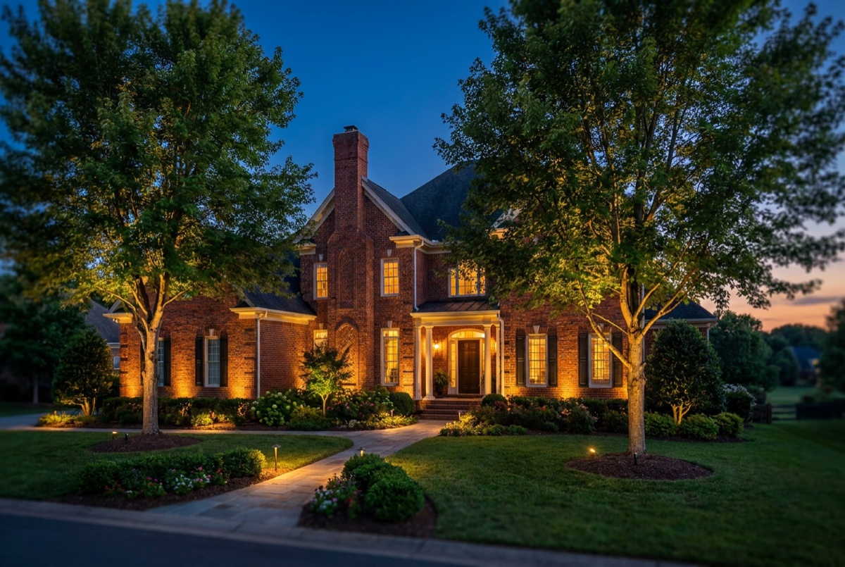 Warm 2700K uplighting grazing the brick facade and front columns of a Charlotte home at dusk, fixtures hidden in the beds