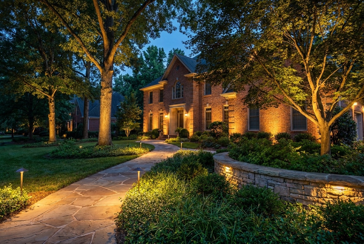 Soft warm uplighting on a mature front-yard tree and low path lights tracing a garden walk after dark